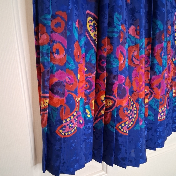 Vintage 80s/90s Paisley Floral Pleated Midi Skirt Royal Blue M - Picture 8 of 9